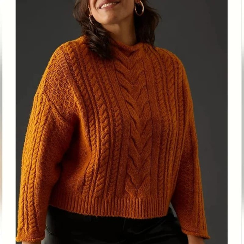 Anthropologie Pilcro Mock Neck‎ Cable Knit Sweater Burnt Orange Size Large